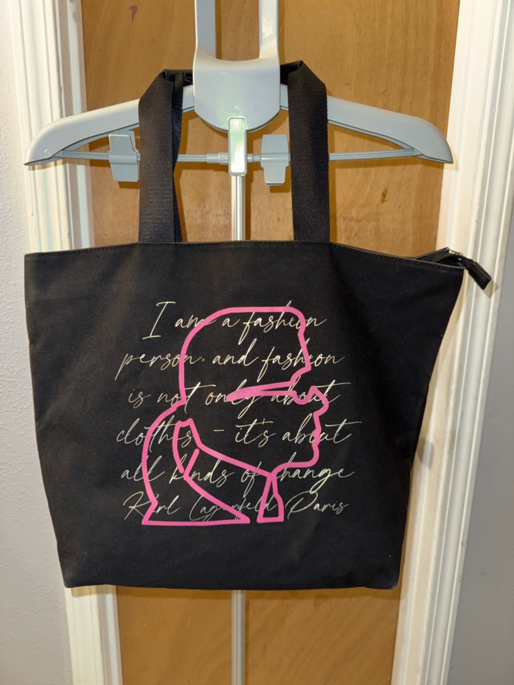 Karl Lagerfeld Paris Large Black Tote with Pink Graphic Outline, canvas, zip